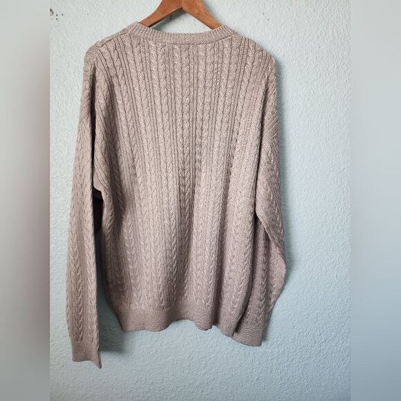 Neiman Marcus Sil Grey Tan Crewneck Sweater Cable Knit - Picture 3 of 7
